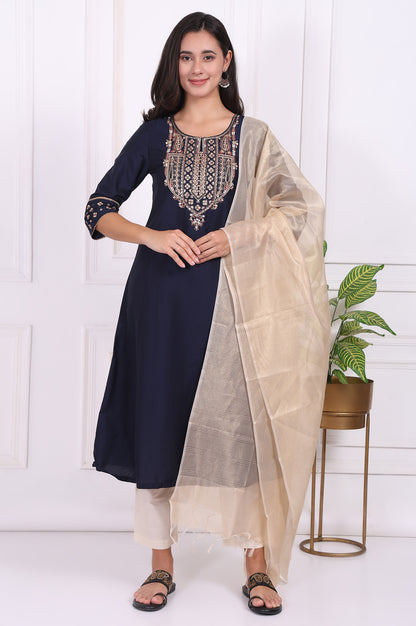 Navy Blue Embroidered Straight Kurta and Pants Set with Dupatta