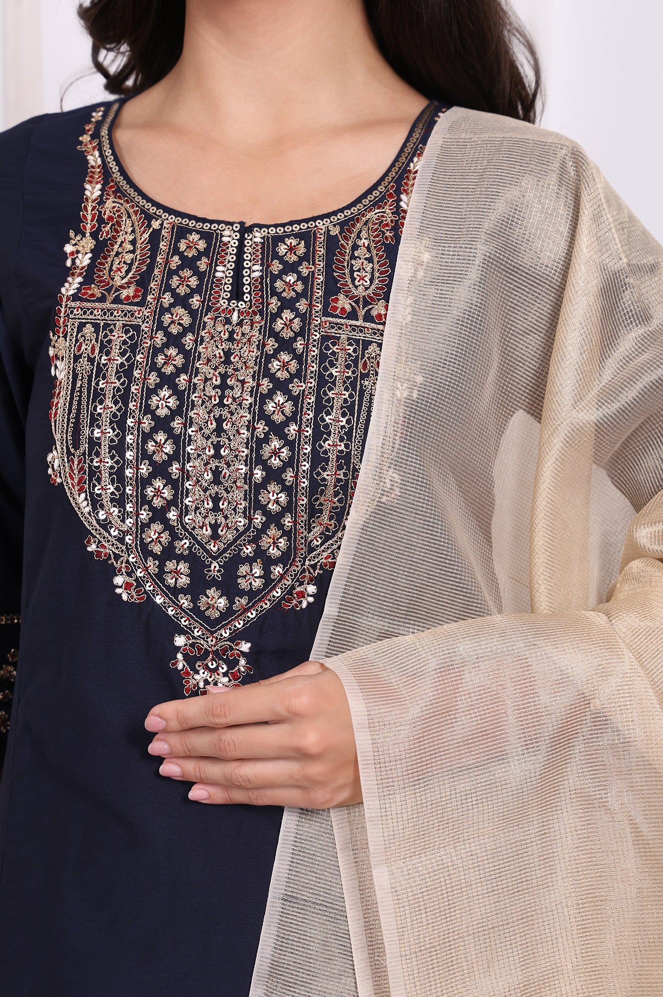 Navy Blue Embroidered Straight Kurta and Pants Set with Dupatta