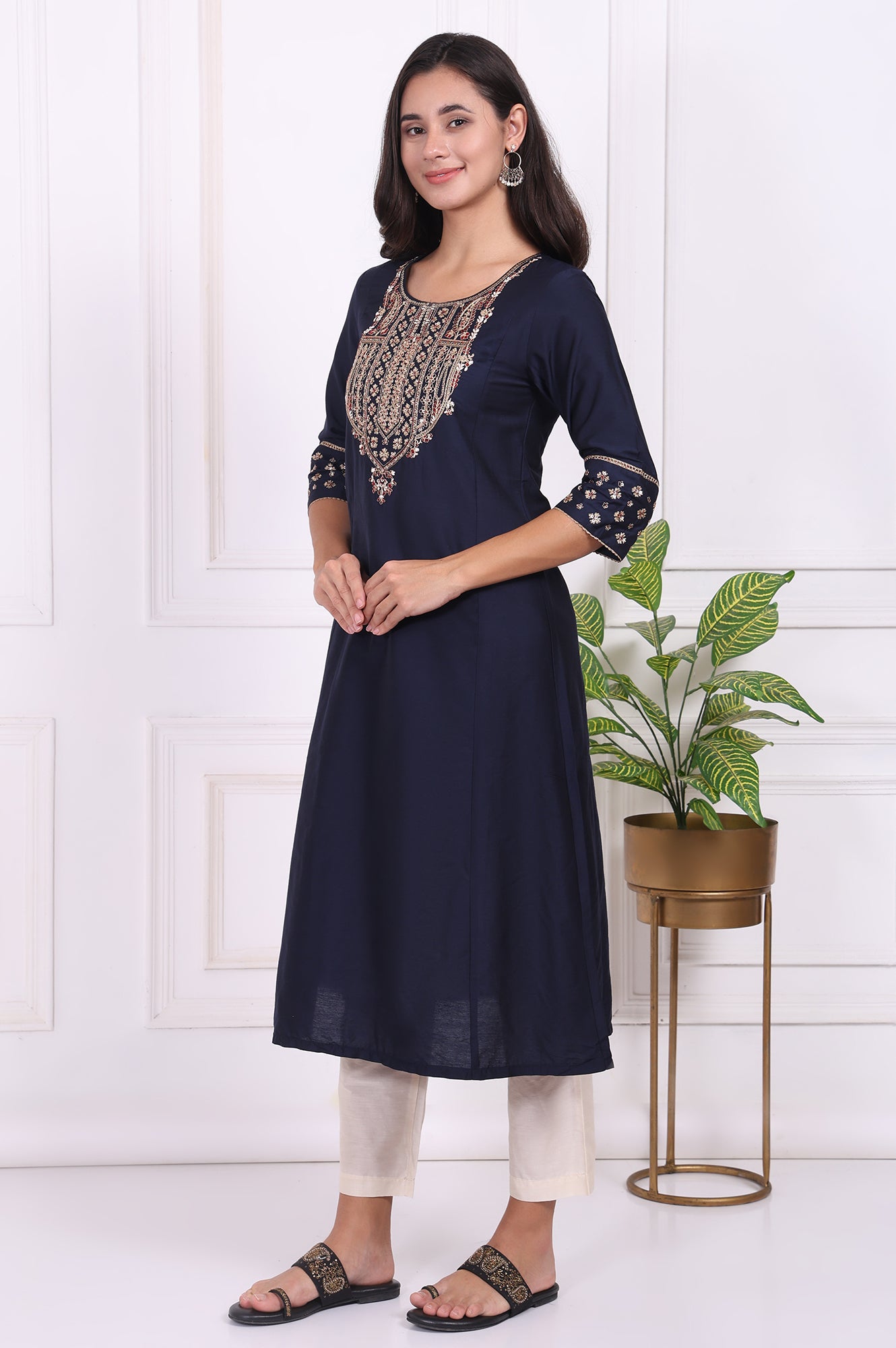 Navy Blue Embroidered Straight Kurta and Pants Set with Dupatta
