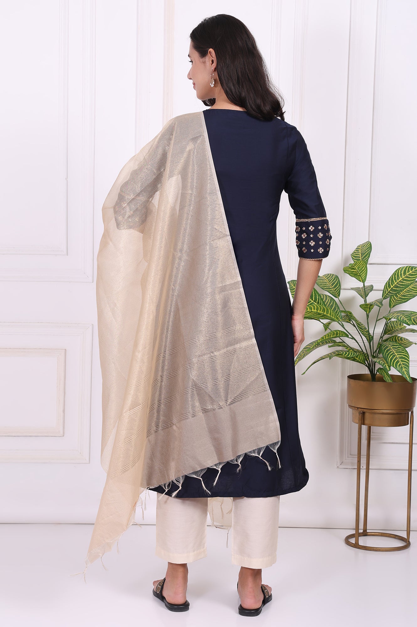 Navy Blue Embroidered Straight Kurta and Pants Set with Dupatta
