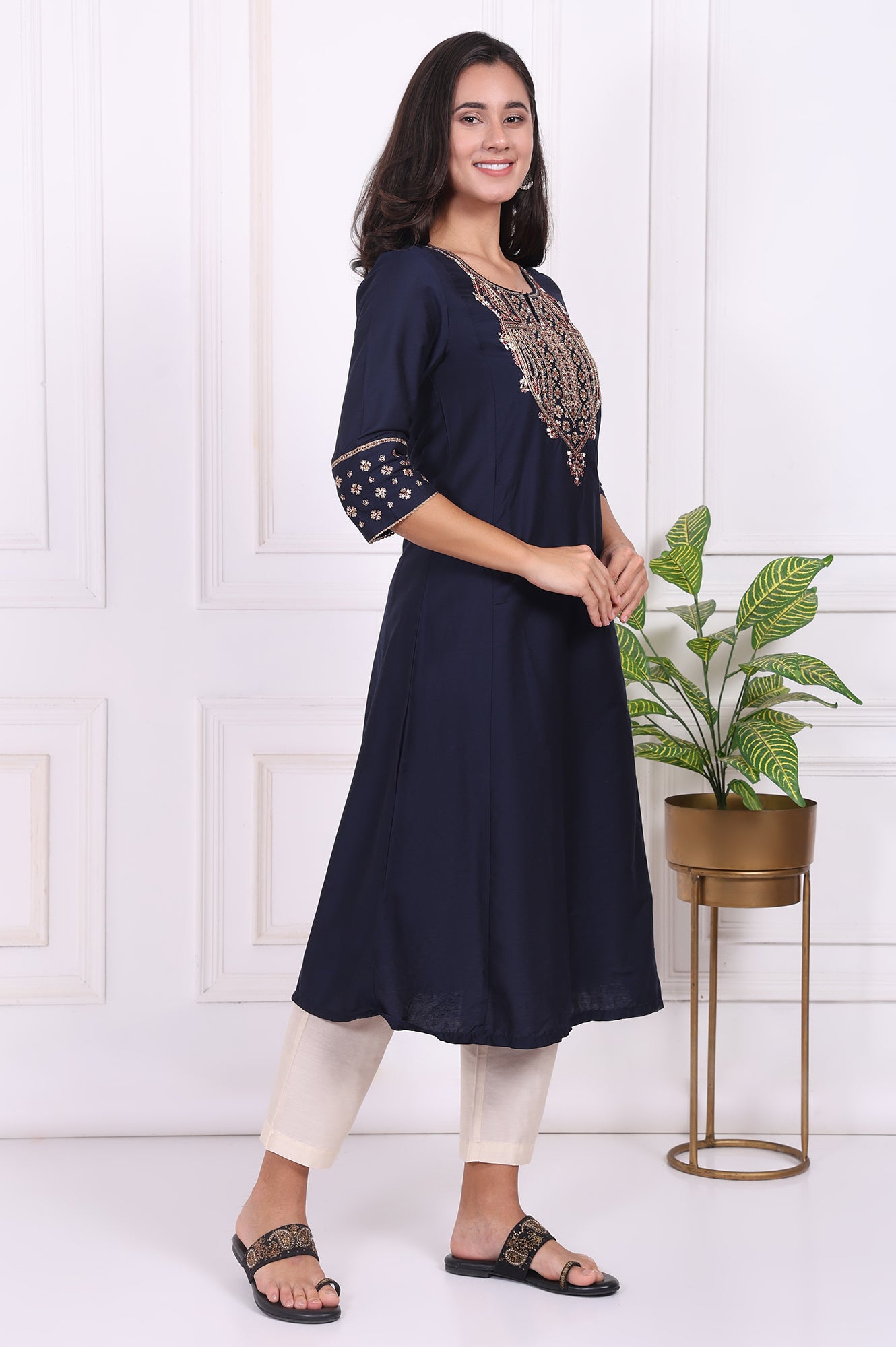 Navy Blue Embroidered Straight Kurta and Pants Set with Dupatta