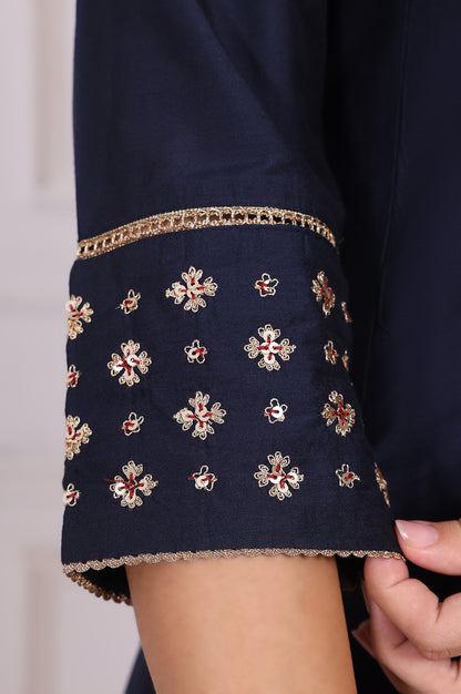 Navy Blue Embroidered Straight Kurta and Pants Set with Dupatta
