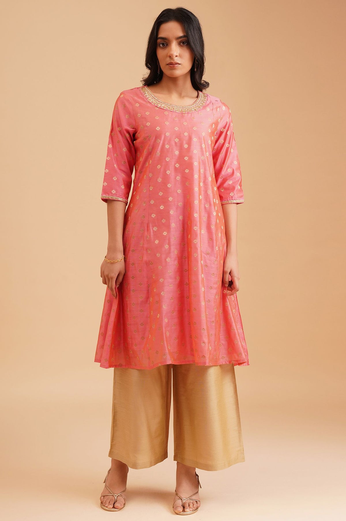 Pink Sequins Gold Printed Yarn Dyed Chanderi A-line Kurta with Parallel Pant Set