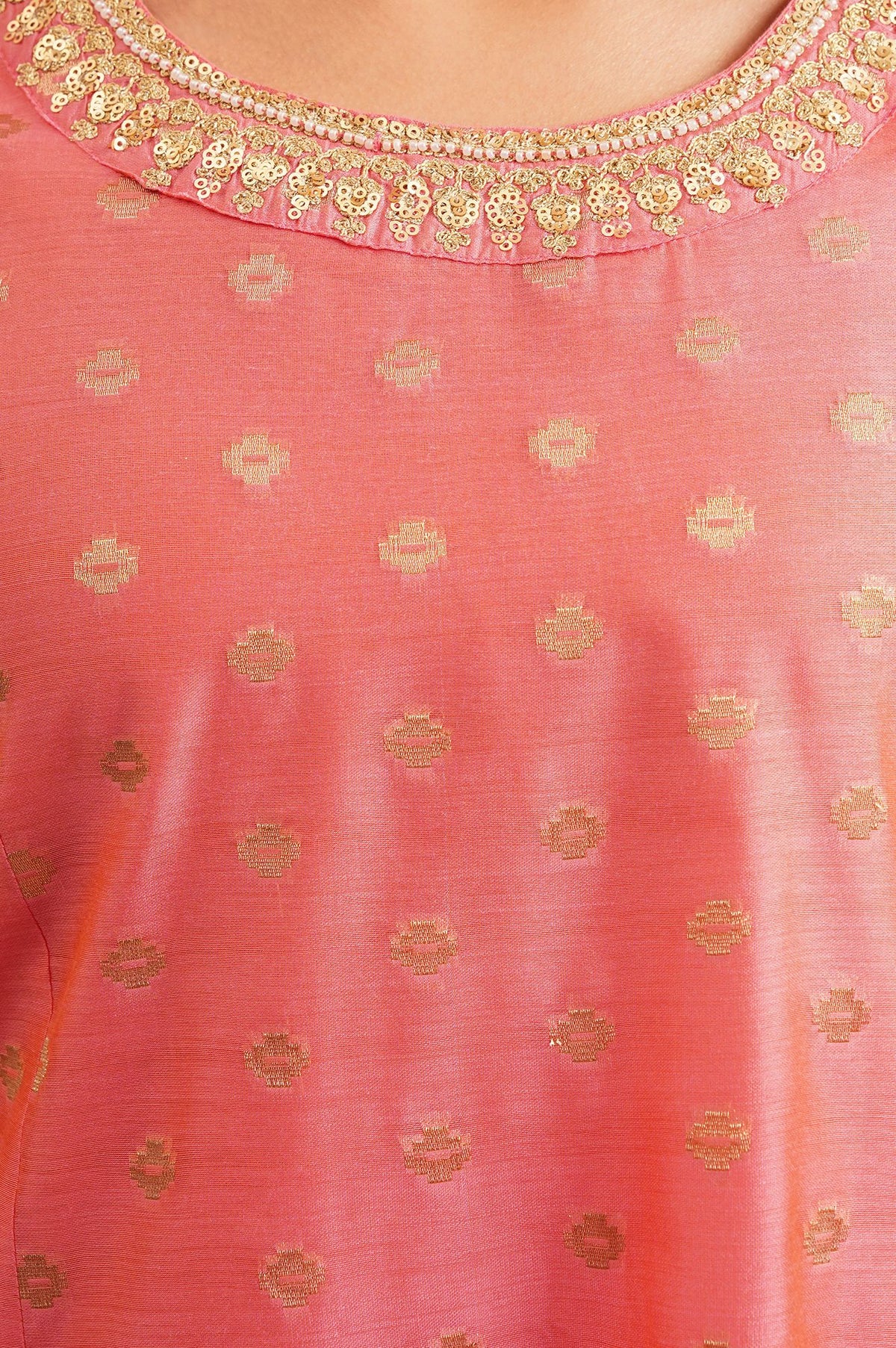 Pink Sequins Gold Printed Yarn Dyed Chanderi A-line Kurta with Parallel Pant Set