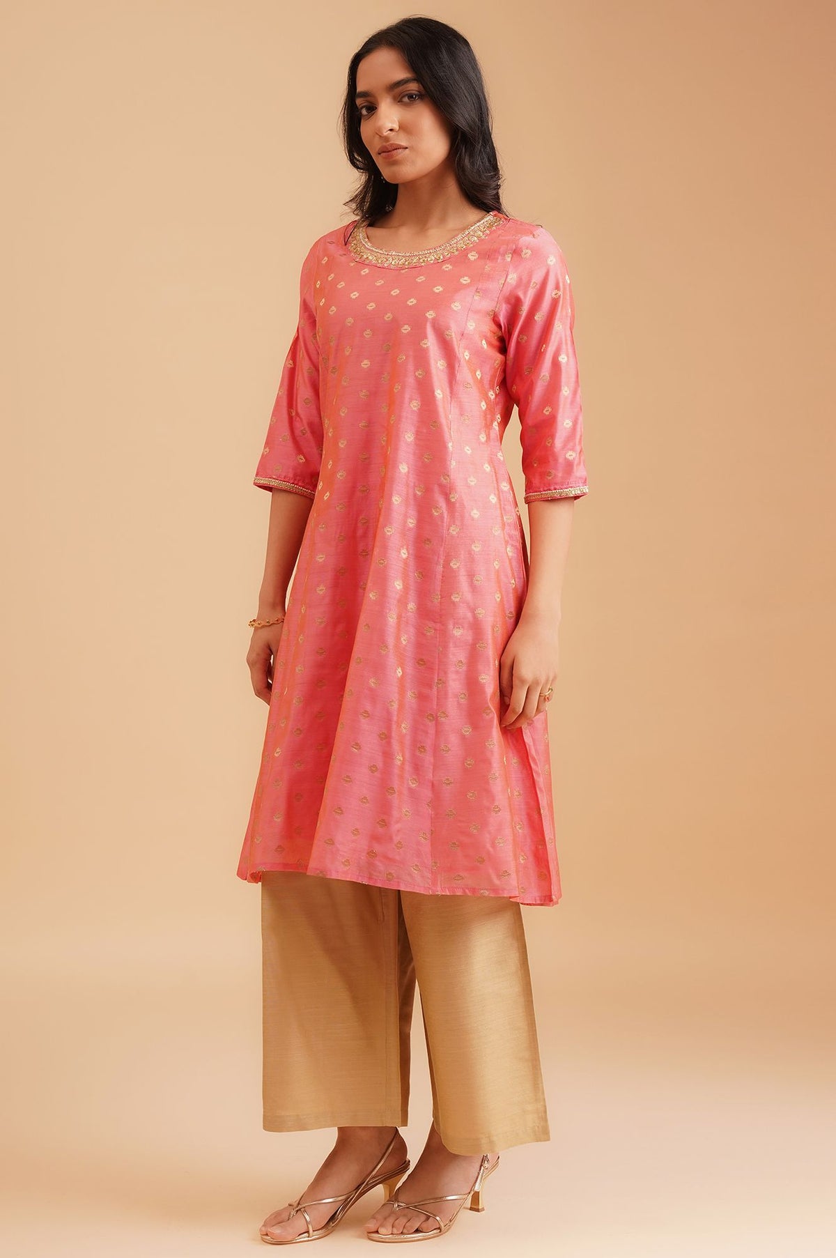 Pink Sequins Gold Printed Yarn Dyed Chanderi A-line Kurta with Parallel Pant Set