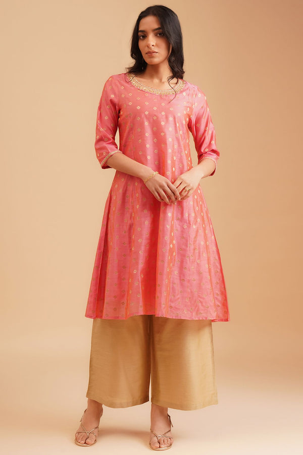 Pink Sequins Gold Printed Yarn Dyed Chanderi A-line Kurta with Parallel Pant Set