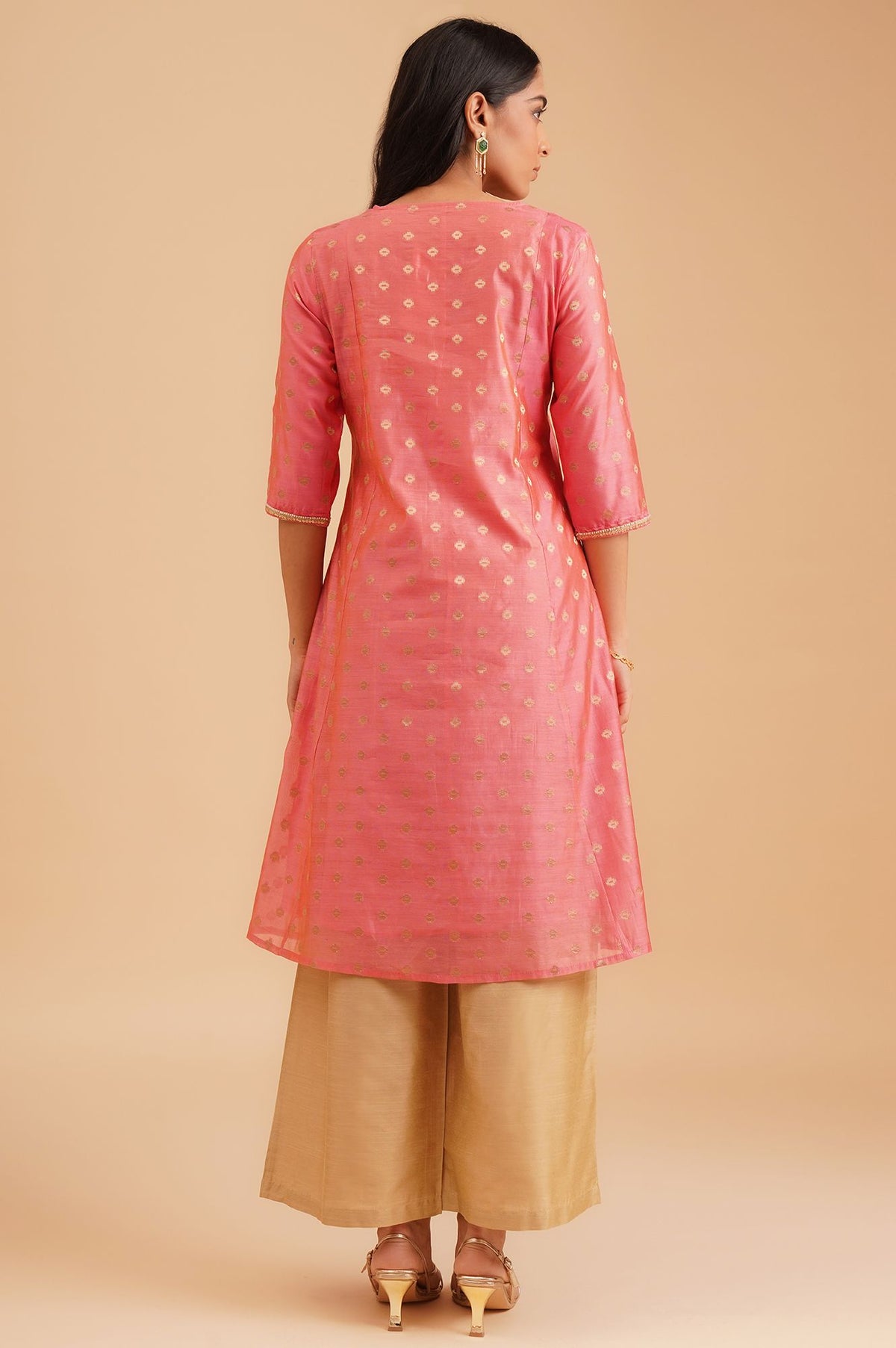 Pink Sequins Gold Printed Yarn Dyed Chanderi A-line Kurta with Parallel Pant Set