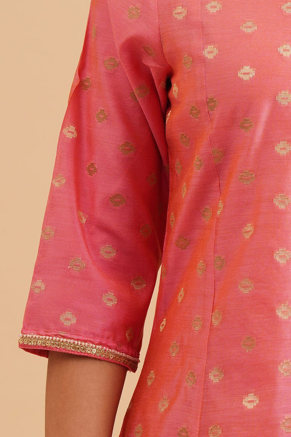 Pink Sequins Gold Printed Yarn Dyed Chanderi A-line Kurta with Parallel Pant Set