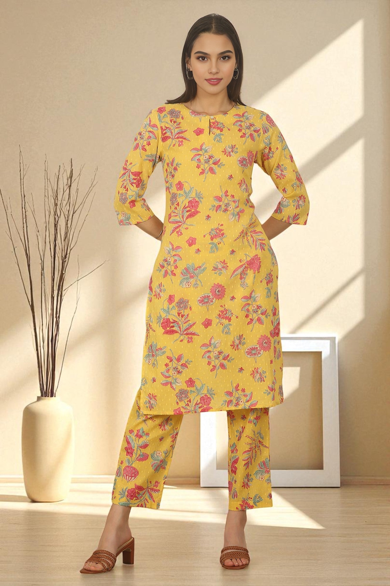 Yellow Floral Printed Swiss Dot Cotton Straight Kurta and Pants Co-ord Set