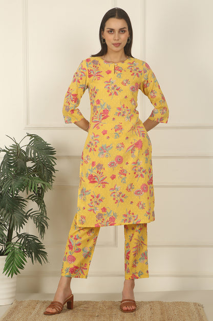 Yellow Floral Printed Swiss Dot Cotton Straight Kurta and Pants Co-ord Set