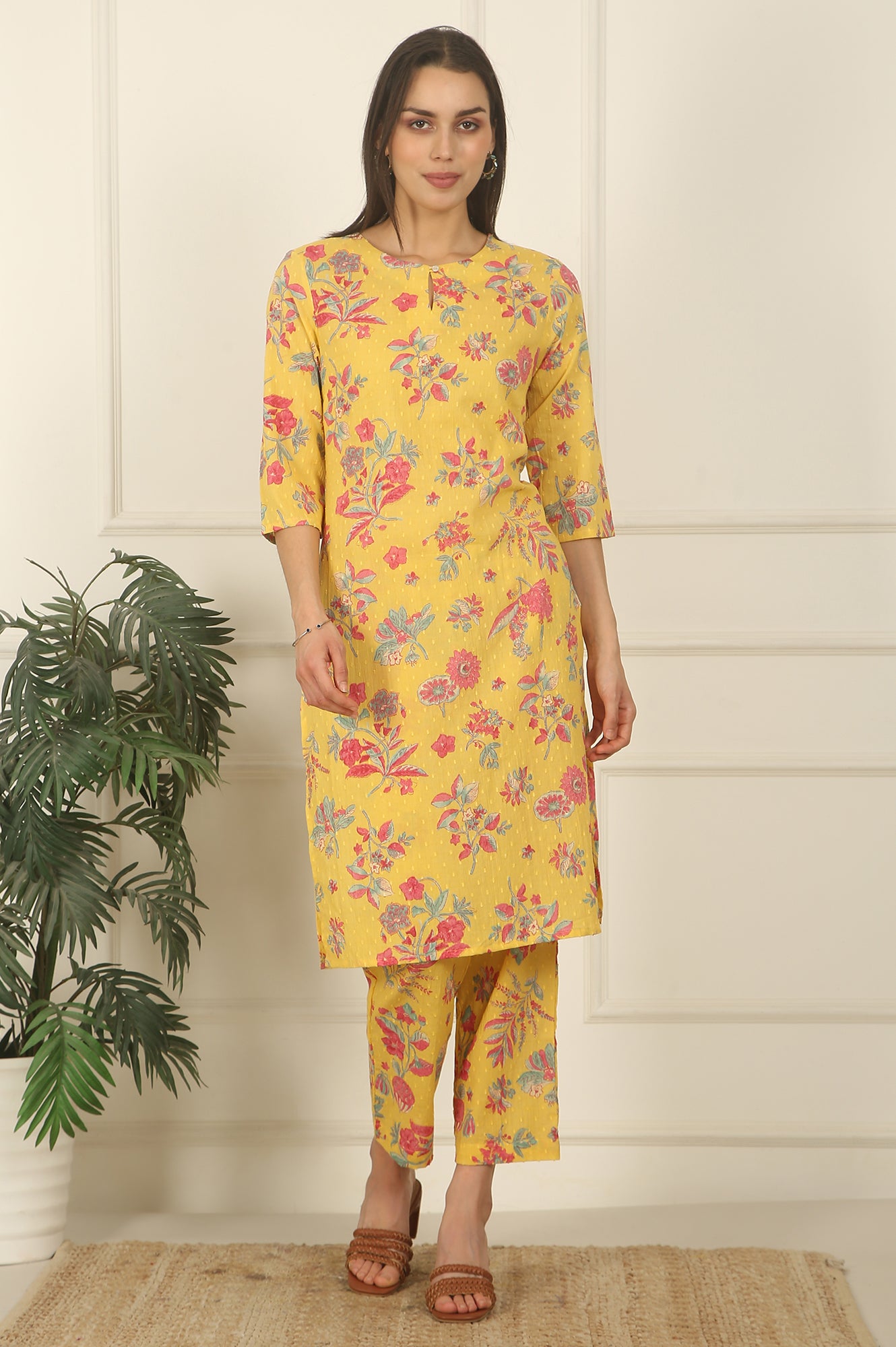 Yellow Floral Printed Swiss Dot Cotton Straight Kurta and Pants Co-ord Set