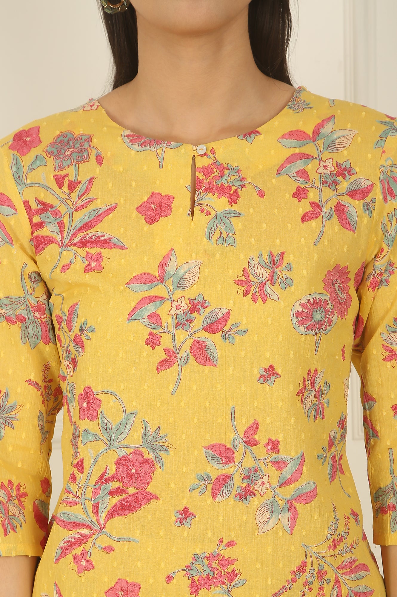 Yellow Floral Printed Swiss Dot Cotton Straight Kurta and Pants Co-ord Set