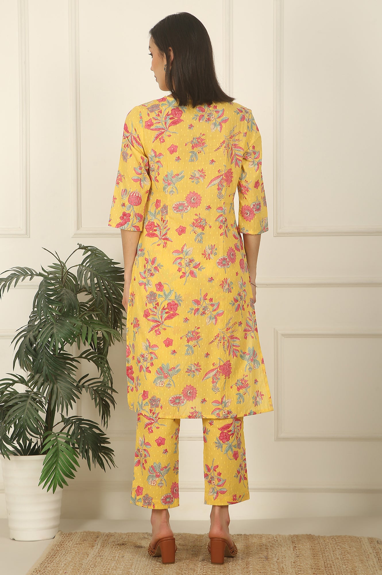 Yellow Floral Printed Swiss Dot Cotton Straight Kurta and Pants Co-ord Set