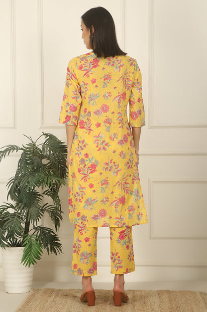 Yellow Floral Printed Swiss Dot Cotton Straight Kurta and Pants Co-ord Set