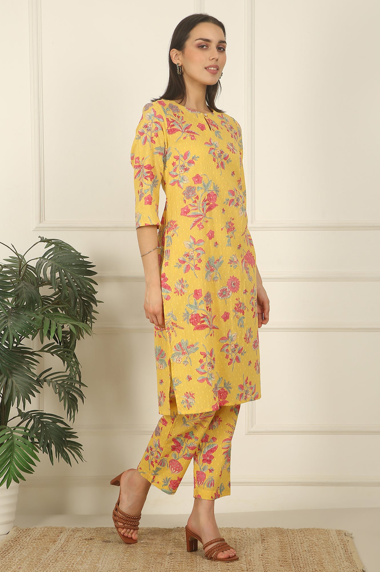 Yellow Floral Printed Swiss Dot Cotton Straight Kurta and Pants Co-ord Set