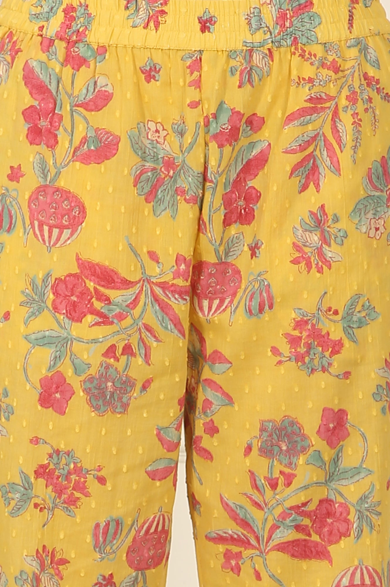Yellow Floral Printed Swiss Dot Cotton Straight Kurta and Pants Co-ord Set
