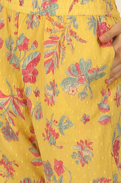 Yellow Floral Printed Swiss Dot Cotton Straight Kurta and Pants Co-ord Set