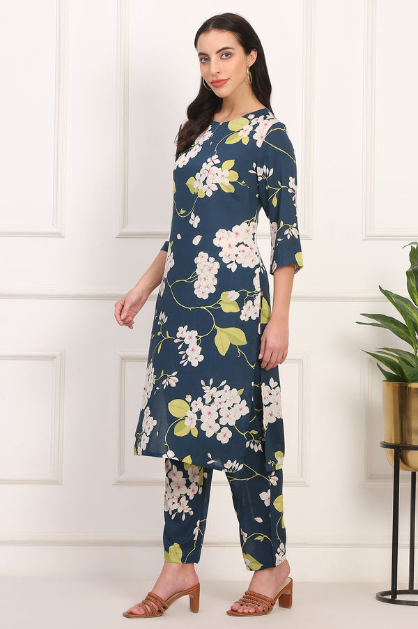 Navy Blue Floral Printed Straight Pure Cotton Kurta and Straight Pants Co-ord Set