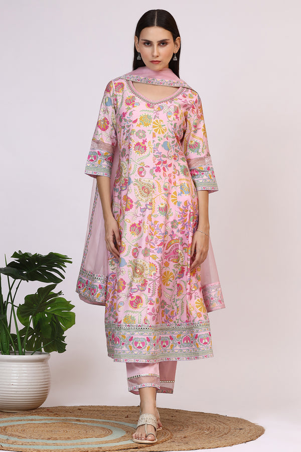 Light Pink Floral Printed Muslin Anarkali Kurta, Pants and Dupatta Set