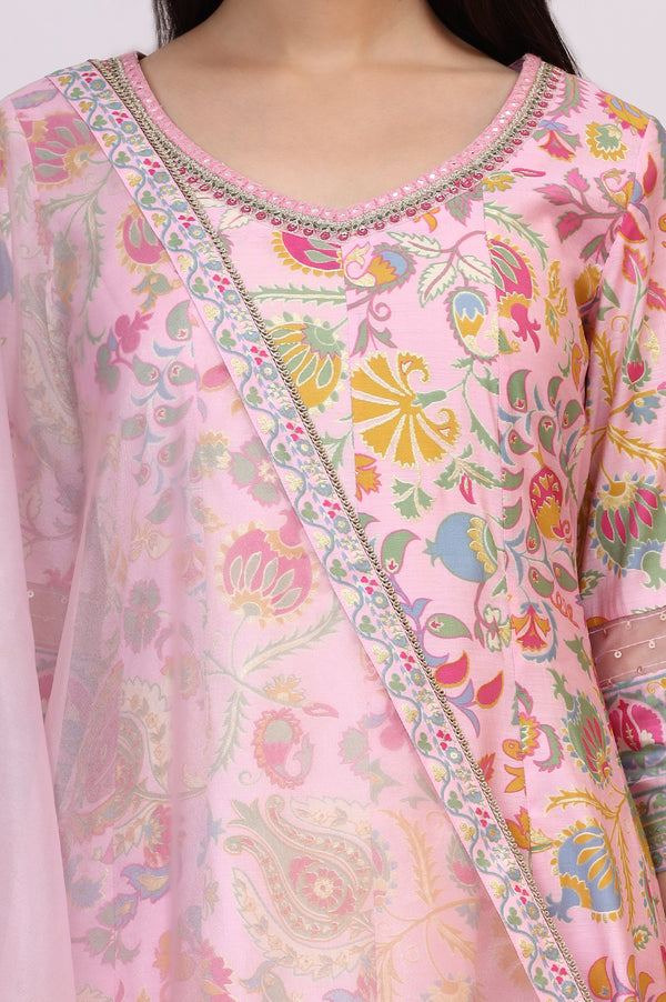 Light Pink Floral Printed Muslin Anarkali Kurta, Pants and Dupatta Set