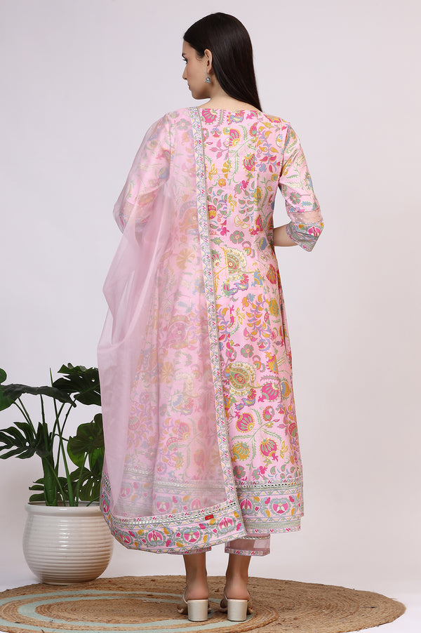 Light Pink Floral Printed Muslin Anarkali Kurta, Pants and Dupatta Set