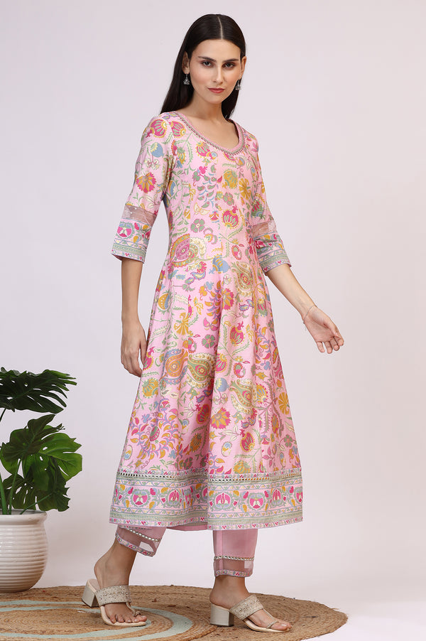 Light Pink Floral Printed Muslin Anarkali Kurta, Pants and Dupatta Set