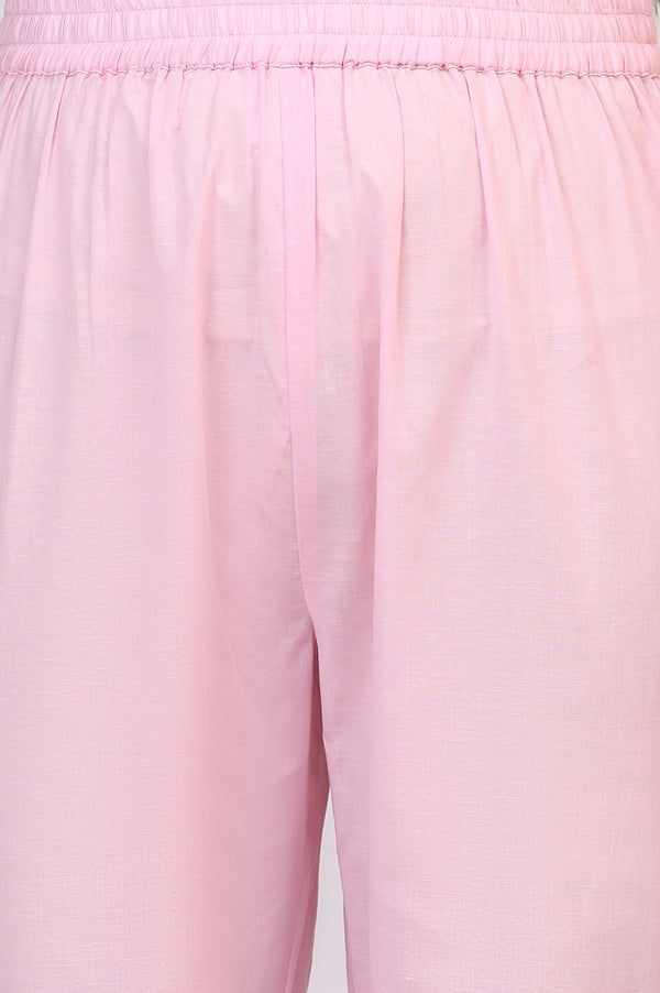 Light Pink Floral Printed Muslin Anarkali Kurta, Pants and Dupatta Set