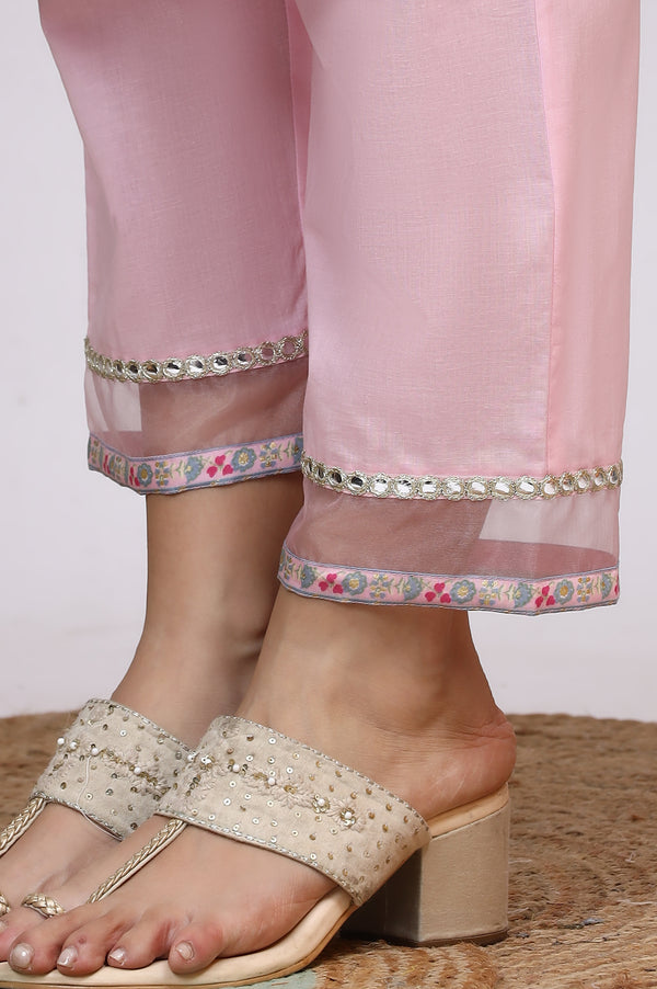 Light Pink Floral Printed Muslin Anarkali Kurta, Pants and Dupatta Set