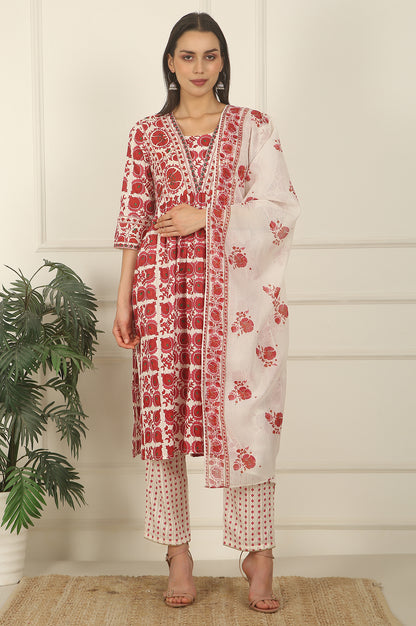 White and Red Printed Cotton Lurex Kurta, Pants and Dupatta Set