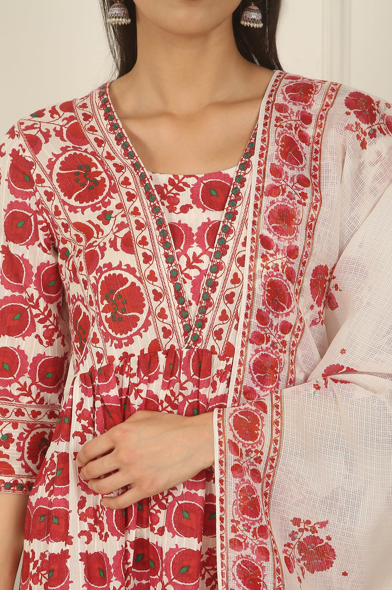 White and Red Printed Cotton Lurex Kurta, Pants and Dupatta Set
