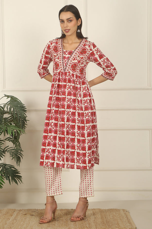 White and Red Printed Cotton Lurex Kurta, Pants and Dupatta Set