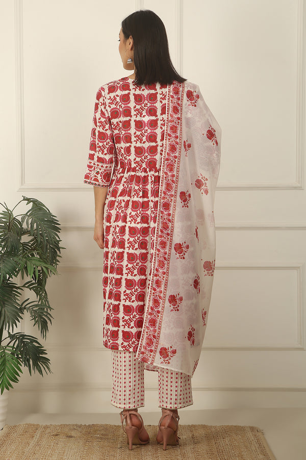 White and Red Printed Cotton Lurex Kurta, Pants and Dupatta Set