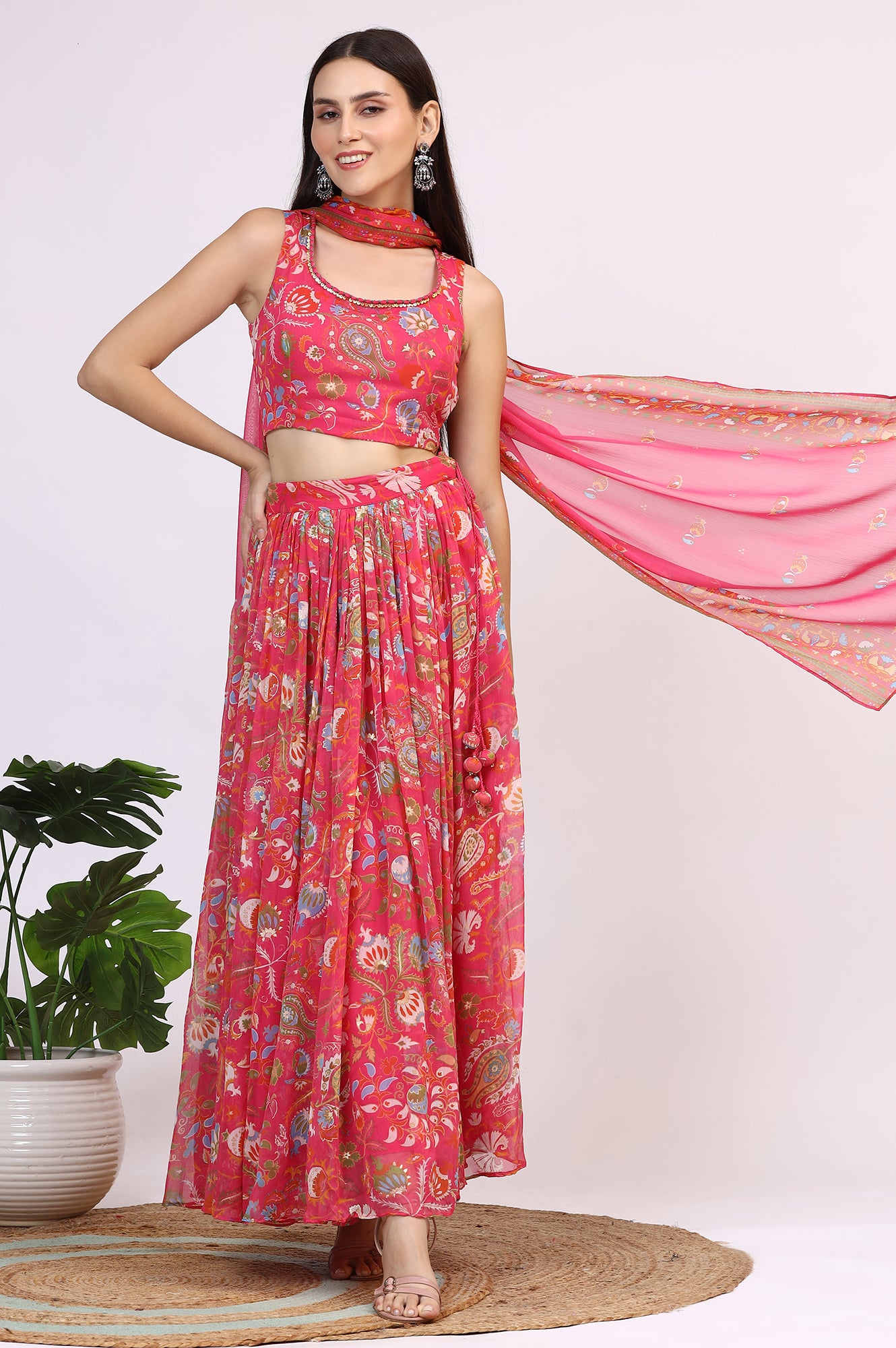 Pink Floral Printed Embellished Chiffon Sleeveless Crop Top, Skirt and Dupatta Set