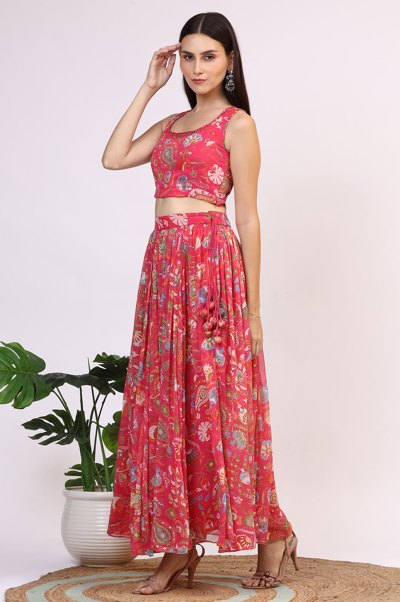 Pink Floral Printed Embellished Chiffon Sleeveless Crop Top, Skirt and Dupatta Set