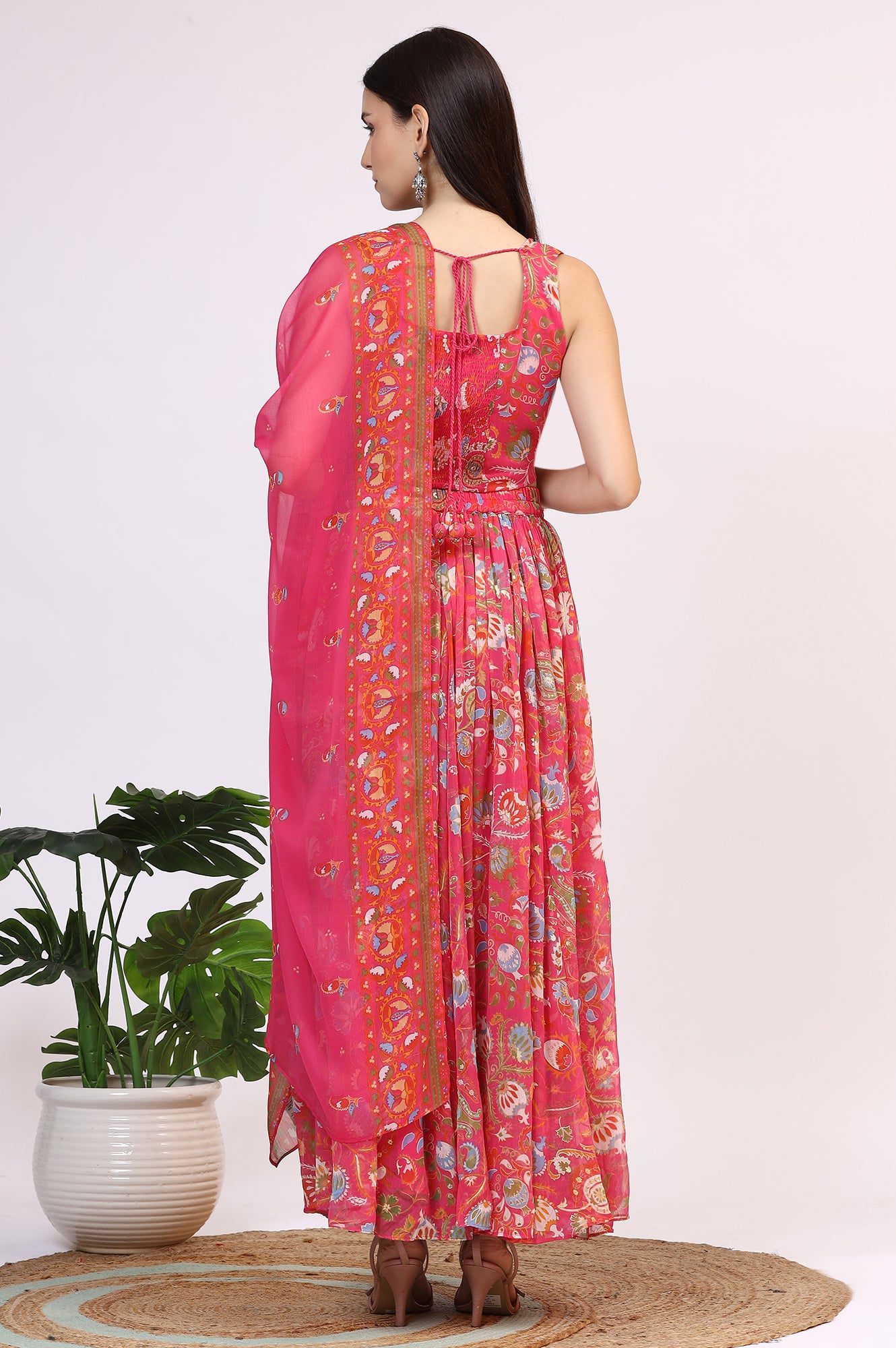 Pink Floral Printed Embellished Chiffon Sleeveless Crop Top, Skirt and Dupatta Set