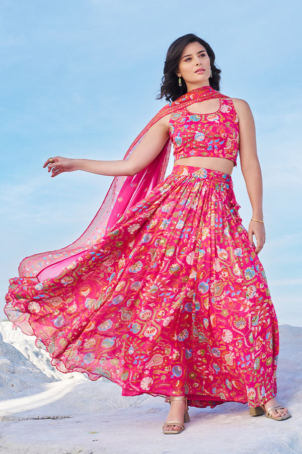 Pink Floral Printed Embellished Chiffon Sleeveless Crop Top, Skirt and Dupatta Set