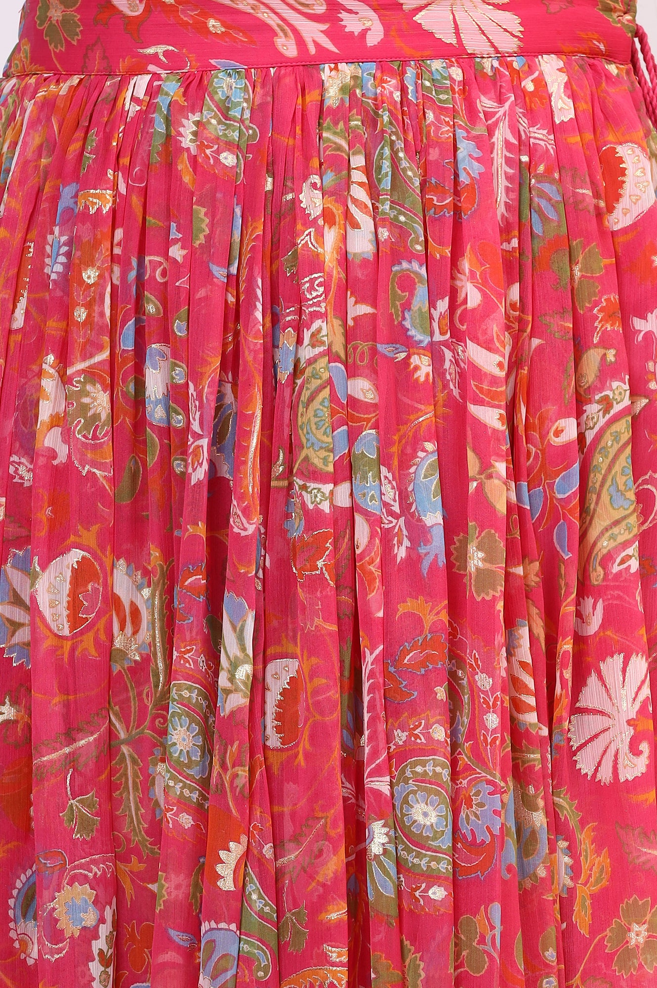 Pink Floral Printed Embellished Chiffon Sleeveless Crop Top, Skirt and Dupatta Set