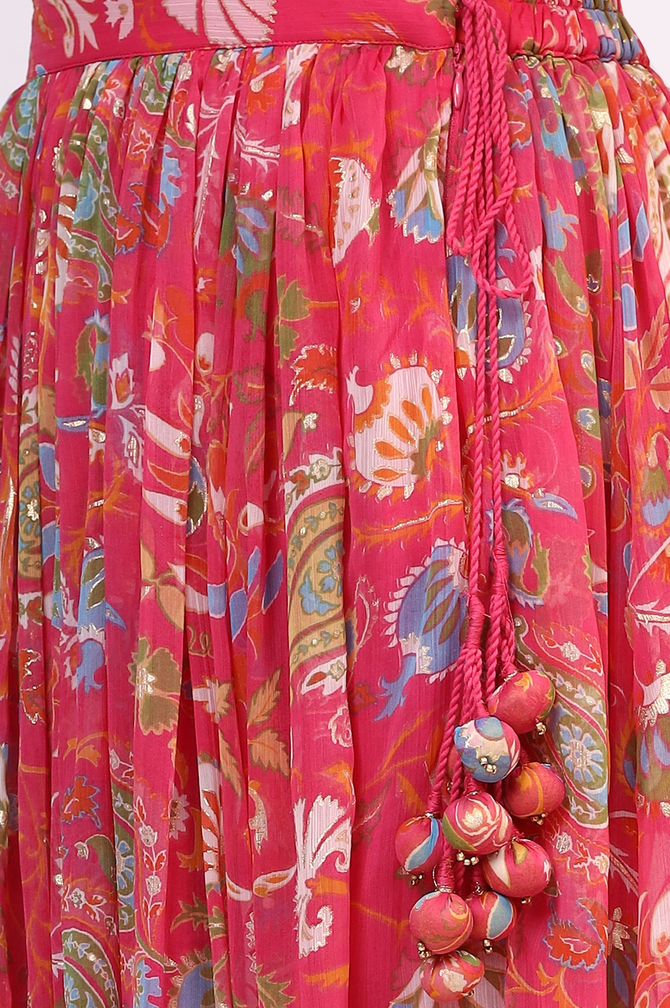 Pink Floral Printed Embellished Chiffon Sleeveless Crop Top, Skirt and Dupatta Set