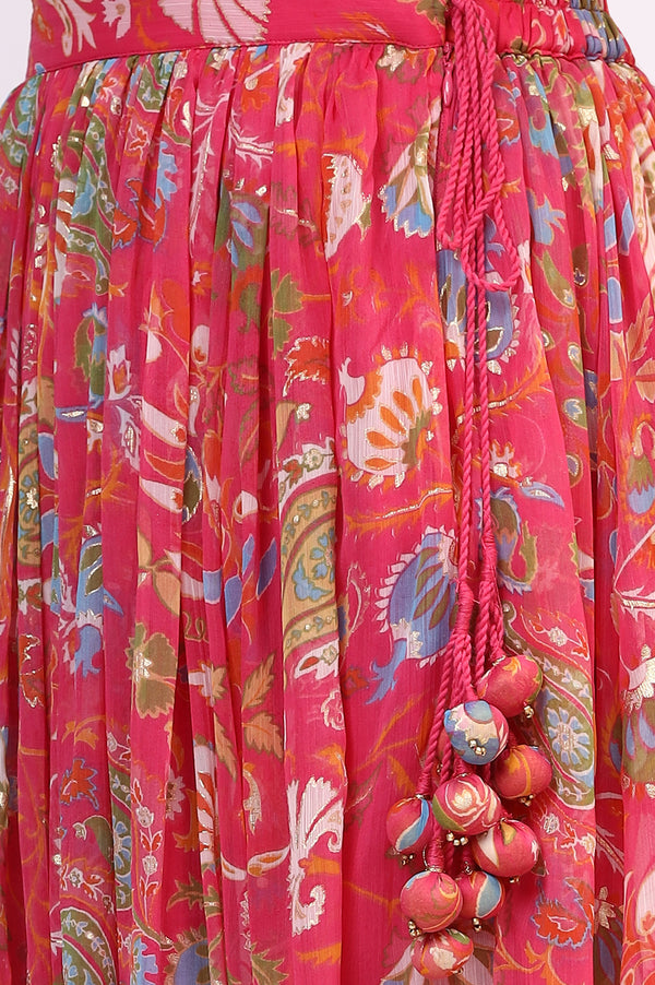 Pink Floral Printed Embellished Chiffon Sleeveless Crop Top, Skirt and Dupatta Set