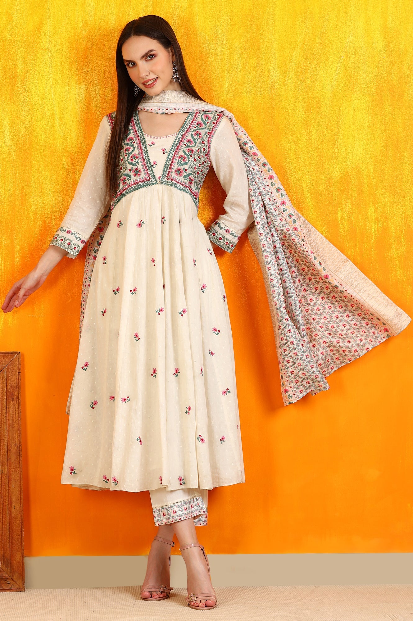 White Embroidered Yoke Cotton Dobby Anarkali Kurta, Pants and Dupatta Set