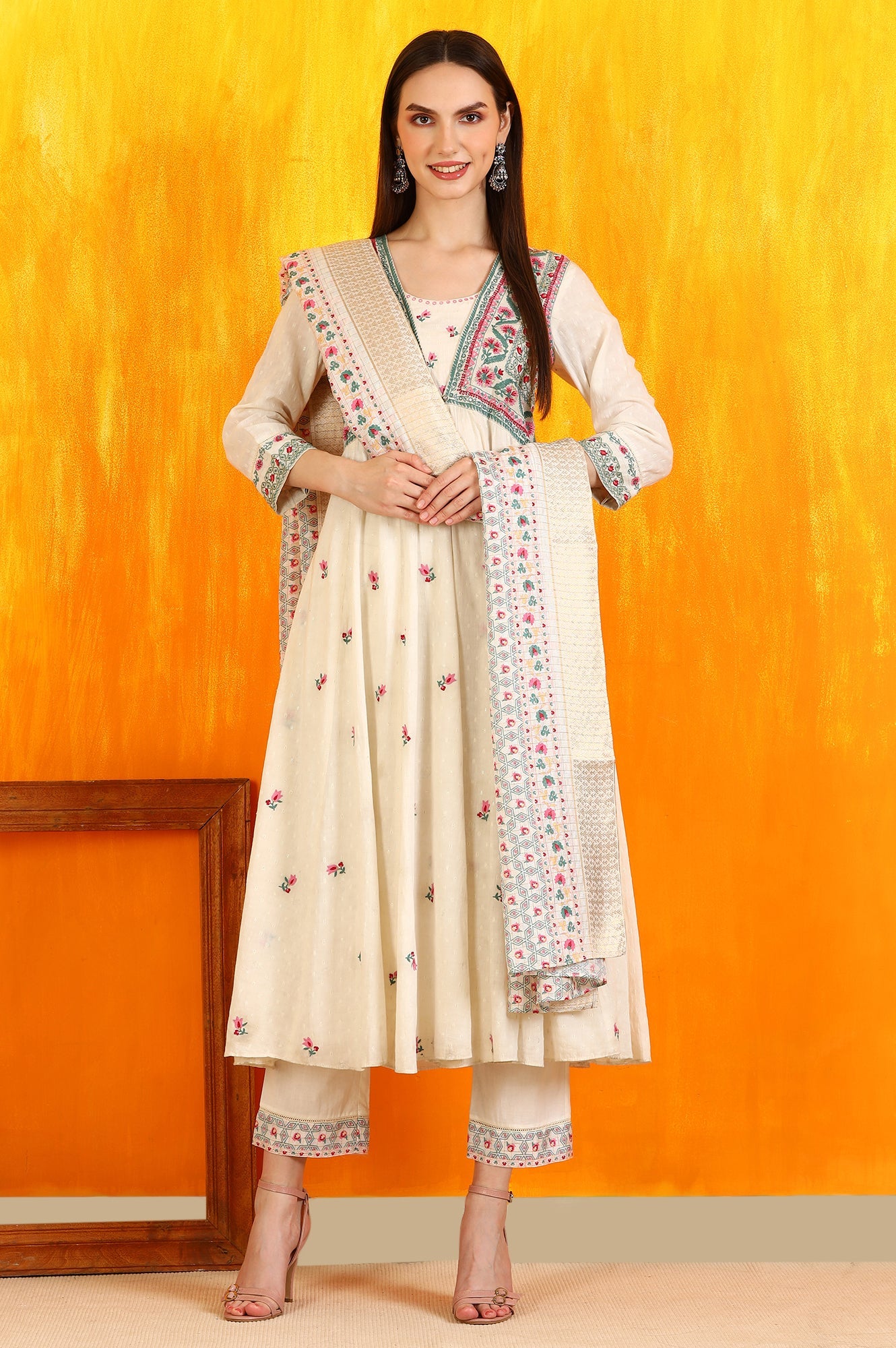 White Embroidered Yoke Cotton Dobby Anarkali Kurta, Pants and Dupatta Set