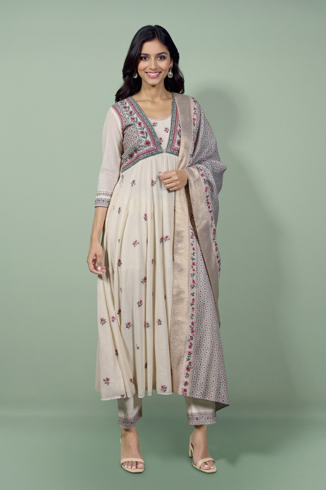 White Embroidered Yoke Cotton Dobby Anarkali Kurta, Pants and Dupatta Set