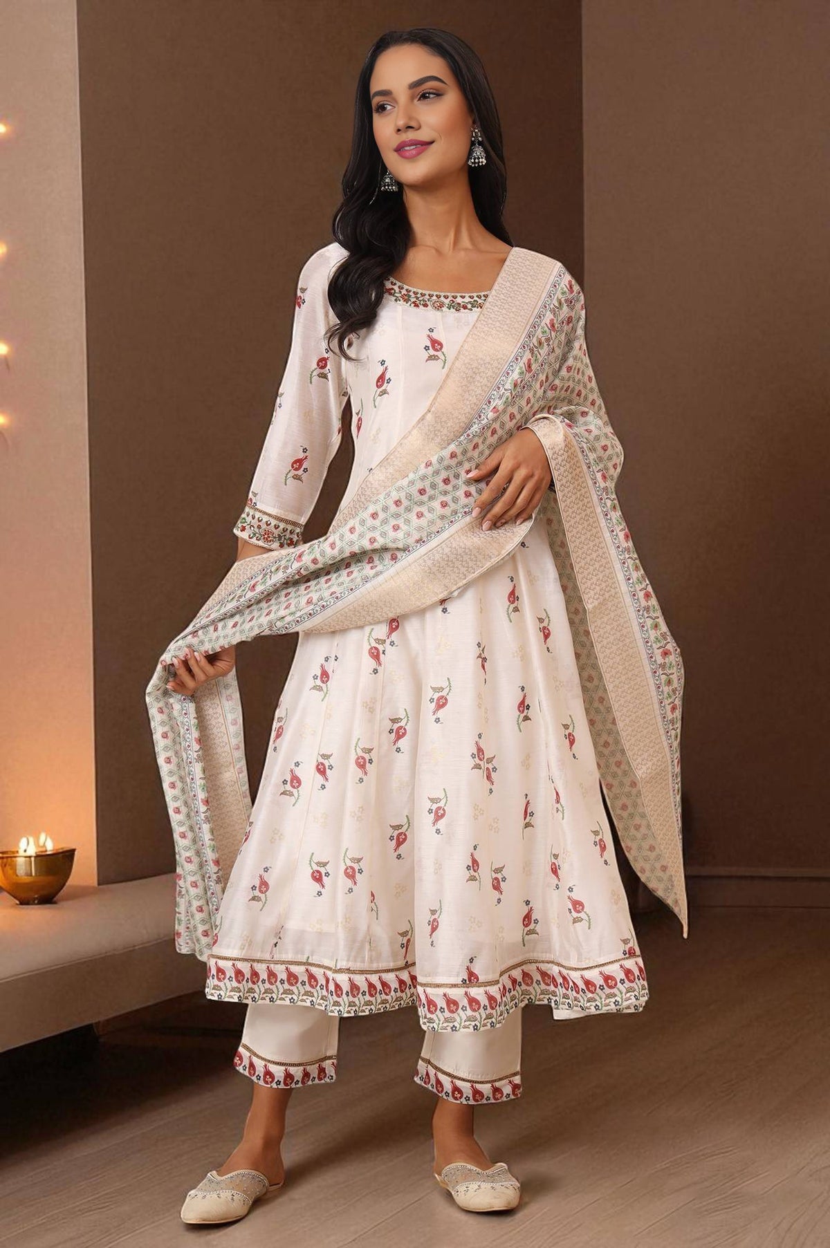White Floral Printed Chanderi Anarkali Kurta, Pants and Dupatta Set - XS