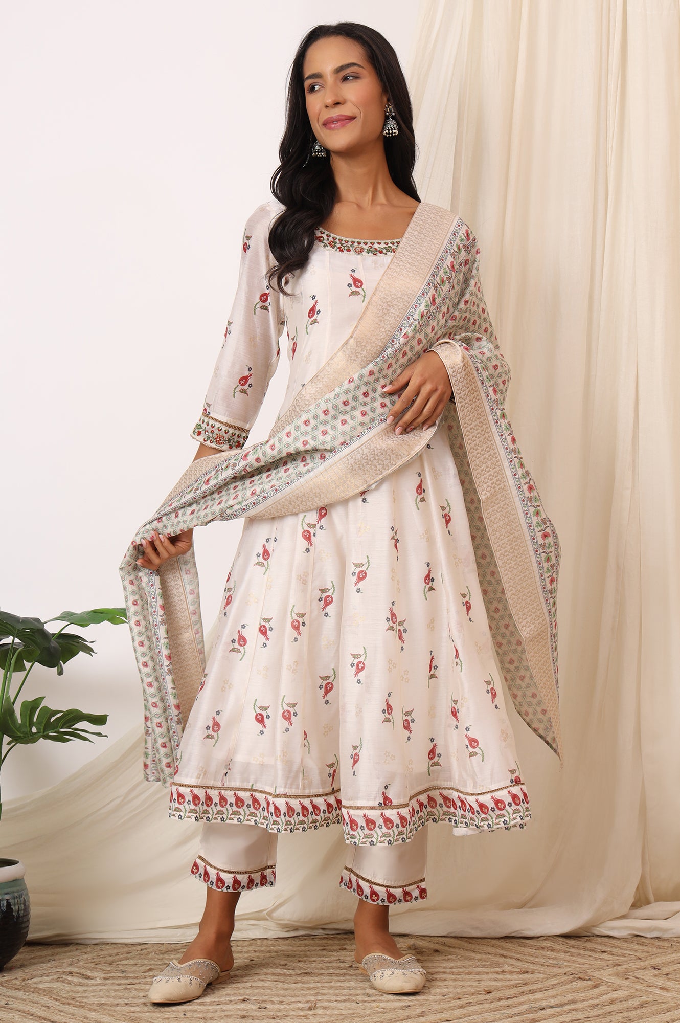White Floral Printed Chanderi Anarkali Kurta, Pants and Dupatta Set