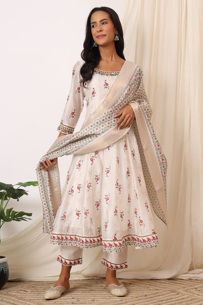 White Floral Printed Chanderi Anarkali Kurta, Pants and Dupatta Set