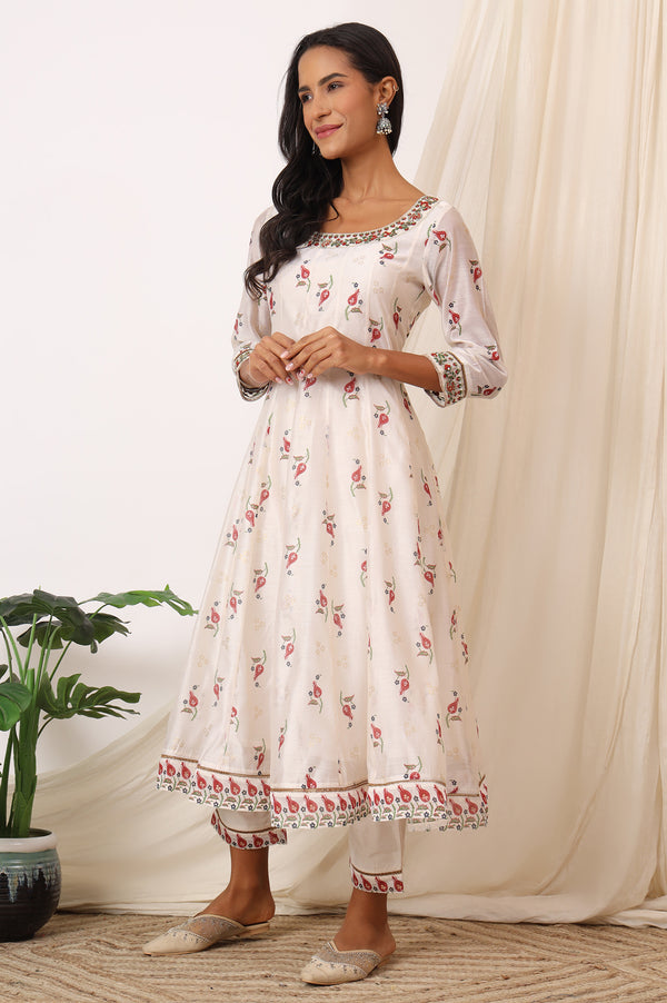 White Floral Printed Chanderi Anarkali Kurta, Pants and Dupatta Set