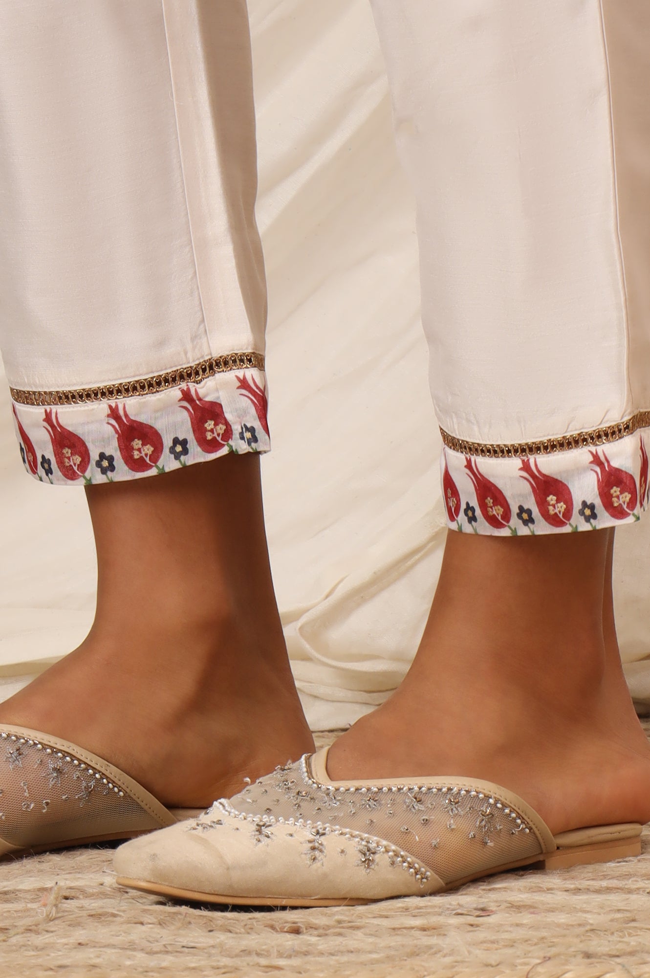 White Floral Printed Chanderi Anarkali Kurta, Pants and Dupatta Set