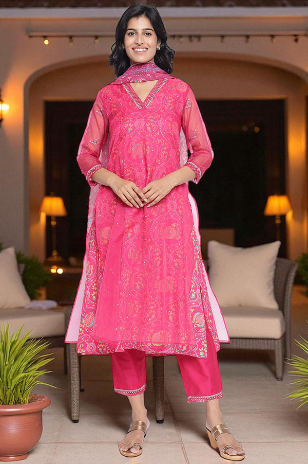 Fuschia Pink Printed Rayon Straight Kurta, Straight Pant and Dupatta Set
