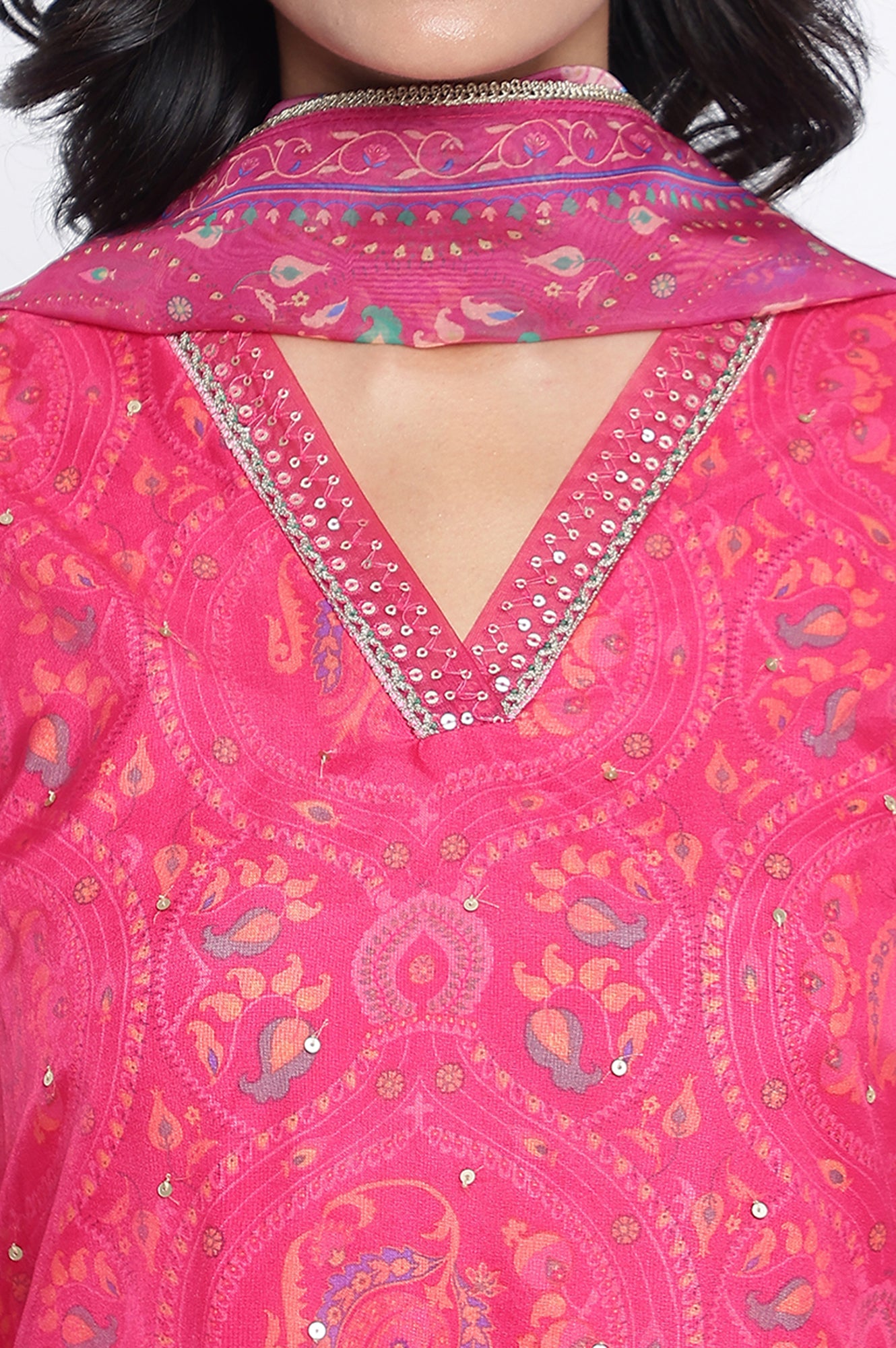 Fuschia Pink Printed Rayon Straight Kurta, Straight Pant and Dupatta Set