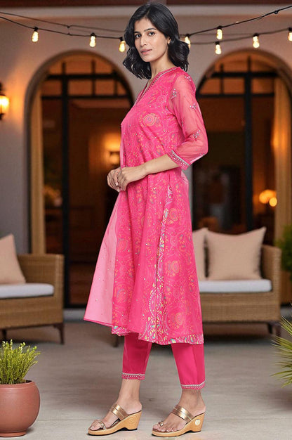 Fuschia Pink Printed Rayon Straight Kurta, Straight Pant and Dupatta Set